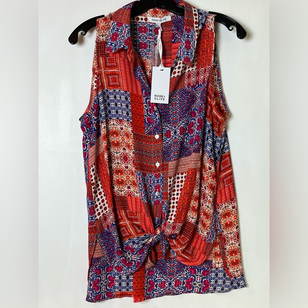 Rose+Olive Women’s Sleeveless Blouse Patterned Shirt Sz L Red Blue White Purple